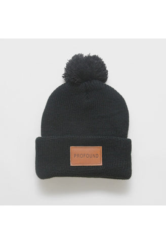 Pom-Pom Leather Patch Beanie: Black