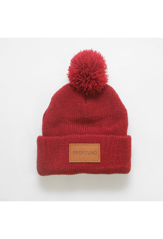 Pom-Pom Leather Patch Beanie: Red