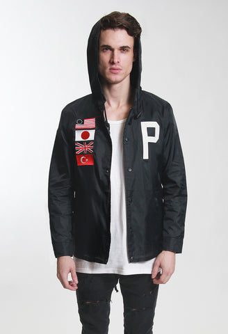 The Four-Flag Worldwide Hooded Windbreaker Coach Jacket in Black